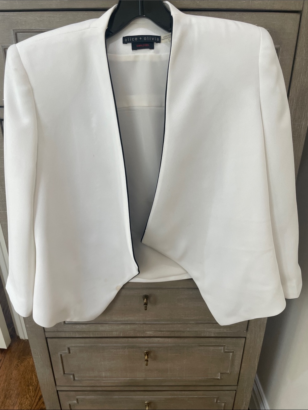 Alice + Olivia White Collarless Blazer with Black Trim